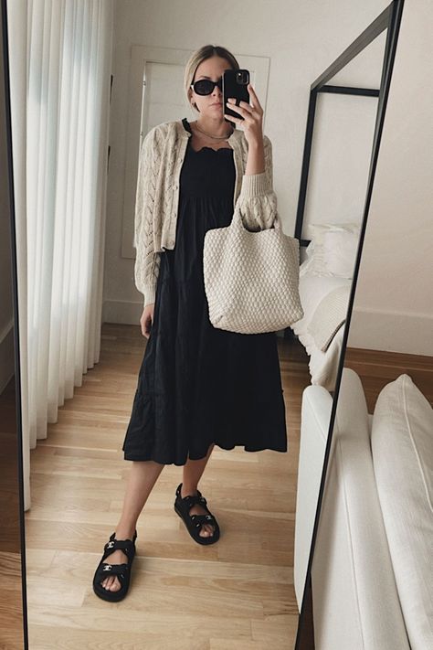 Black smocked dress with cardigan | Ashley Robertson - The Ellie Nap Dress - style inspiration, ootd, outfit ideas, casual chic style, fall fashion Nap Dress Outfit Fall, Nap Dress Styling Winter, Nap Dress Winter, Nap Dress Styling, Nap Dress Outfit, Midi Dress With Cardigan, Black Smock Dress, Ootd Outfit Ideas, Smock Dress Outfit