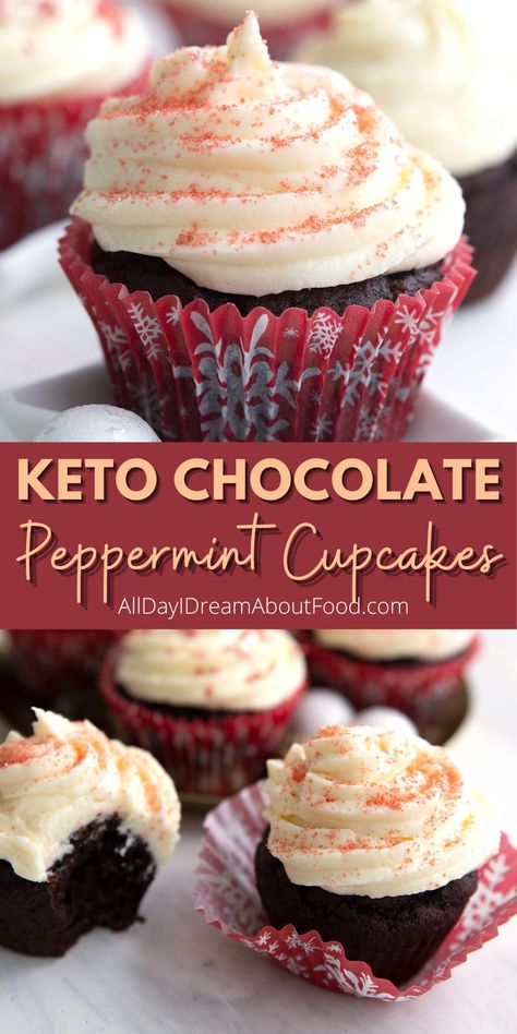 Keto Peppermint Cupcakes feature rich, moist chocolate cake with creamy sugar-free peppermint frosting. A delicious, sugar-free holiday dessert! Swirl Frosting, Peppermint Frosting, Chocolate Peppermint Cupcakes, Peppermint Cupcakes, Low Carb Christmas, Peppermint Recipes, Delicious Holiday Desserts, Keto Cupcakes, Keto Holiday Recipes