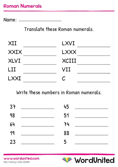 Using their knowledge of Roman numerals, children can use this worksheet to practice converting numbers and Roman numerals. Includes answer sheet. Supports the following areas of learning within Key Stage 2: History and Numeracy. Roman Numbers Worksheet Grade 3, Roman Number Worksheet, Numerals Worksheets, Roman Numerals Worksheet, Year 5 Maths Worksheets, Teacher Encouragement Quotes, Year 4 Maths, Basic Math Worksheets, Math Division Worksheets