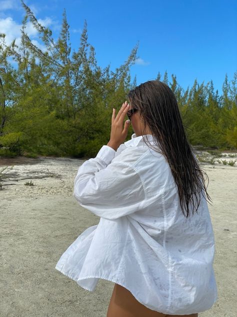 White Button Down Over Bathing Suit, White Shirt Cover Up Outfit, Button Up Cover Up, White Button Up Coverup, Beach Oversized Shirt, Bikinis With Oversized Shirts, Beach Cover Up Aesthetic, Cover Up Aesthetic, Beach Cover Up