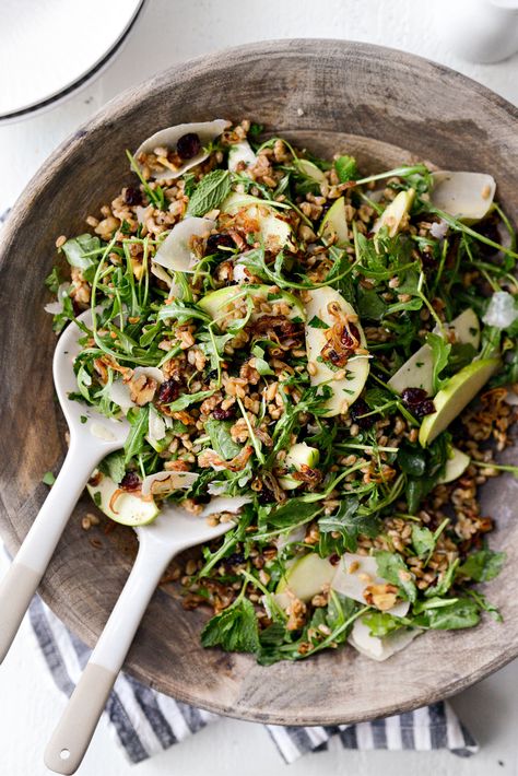 Winter Farro Salad with Fried Shallots - Simply Scratch Shallot Recipes, Crispy Shallots, Dijon Vinaigrette, Farro Salad, Cranberry Cheese, Grain Salad, Baby Arugula, Bacon Salad, Fried Shallots