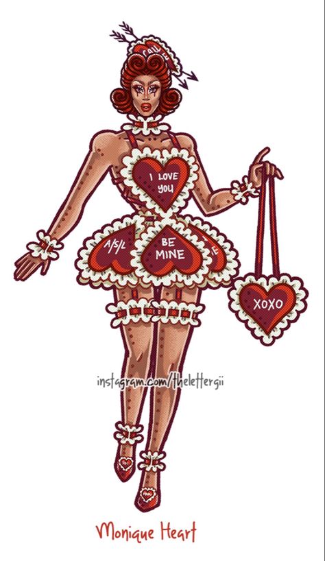 Valentine Character Design, Valentine Burlesque, Drag Illustration, Monique Heart, Costume Design Sketch, Drag Queen Outfits, Heart Doodle, Paper Dolls Clothing, Burlesque Costumes