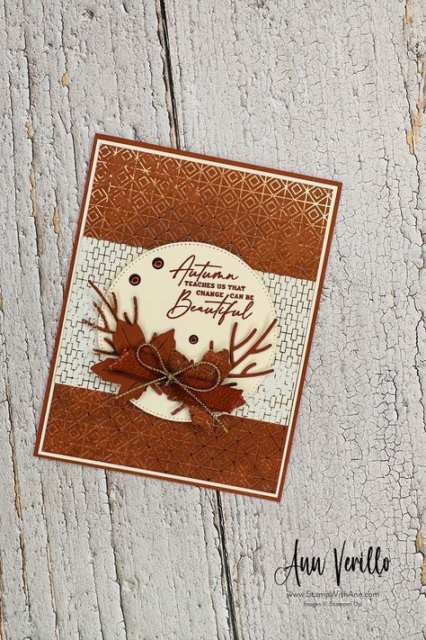 As the leaves gently paint the world in shades of amber and gold, I wanted to share a piece of my heart with you. 🍁🧡 - I created this beautiful Autumn Leaves Greeting card using the Autumn Leaves Bundle and All About Autumn Designer Series Paper from Stampin' Up! I love the Copper Clay color focus on this card it reminds me of anothr favorite during the Fall - Pumpkin Spice! Get all the details on how I made this card on my blog! Stampin Up Leaf Cards, Gilded Autumn Stampin Up Cards, Stampin Up Thanksgiving Cards Handmade, Gilded Autumn Dsp Stampin Up Cards, Cards With Pumpkins, Autumn Leaves Stampin Up Cards 2023, Stampin Up Autumn Leaves Bundle, Stampin Up Autumn Leaves 2023, All About Autumn Dsp