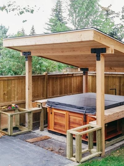 DIY hot tub Covered Porch Hot Tub Deck Design, Small Backyards With Hot Tubs, Hot Tub Shelters, Hot Tub Privacy, Hot Tub Pergola, Hot Tub Landscaping, Hot Tub Surround, Hot Tub Patio, Hot Tub Designs