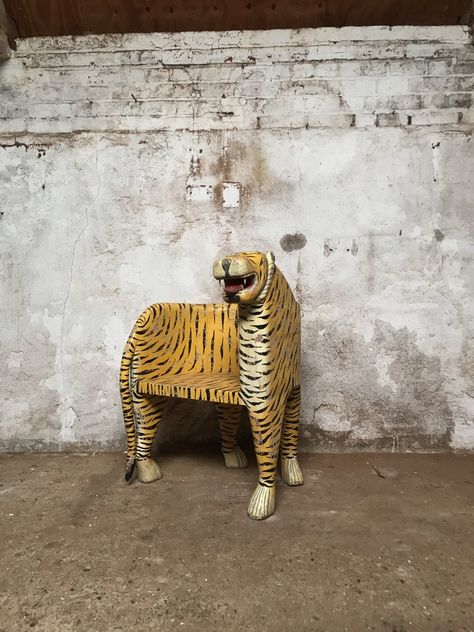 Tiger Interior Design, Tiger Chair, Tiger Wood Furniture, Tiger Wood Art, Indian Inspired Decor, Tiger Ceramic Sculpture, Weird Furniture, Ceramic Wall Lights, Studio Chairs