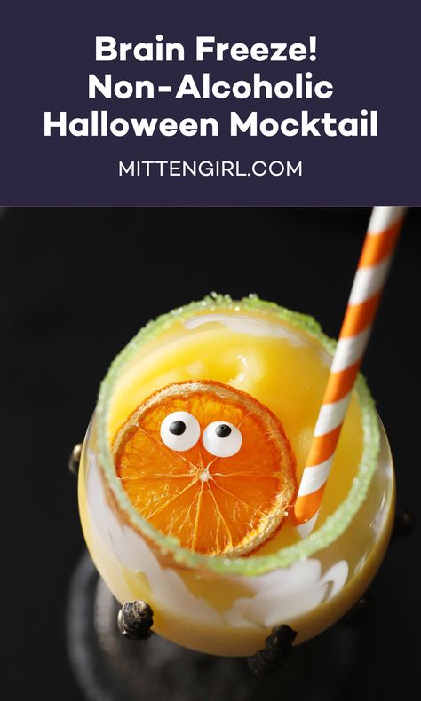 Made from frozen fruit and fruit juice, this easy frozen, non-alcoholic Halloween drink is perfect for the whole family. Make this Halloween mocktail for your next Halloween party or as a treat during Spooky Season. Purple Punch Recipes, Easy Halloween Drinks, Vanilla Bean Frappuccino Recipe, Halloween Themed Drinks, Delicious Halloween Treats, Halloween Juice, Halloween Drink, Alcohol Free Drinks, Orange Drinks