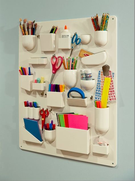 This could be home made with soup cans and tea tins. Then everything spray painted one color- to keep it clean looking. Kids Storage Boxes, Danish Modern Chairs, Kids Art Supplies, Kids Storage, Diy Organization, Craft Storage, Diy Home Crafts, Room Organization, Bottle Crafts