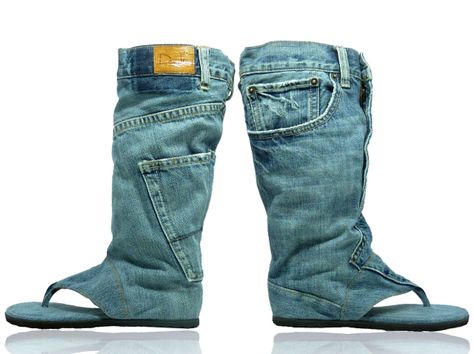 Jeans Sandal Boots Denim Recycle, Jean Sandals, Interesting Shoes, Sandal Boots, People Are Strange, Slouch Boots, Flip Flop Boots, Denim Art, All Nike Shoes