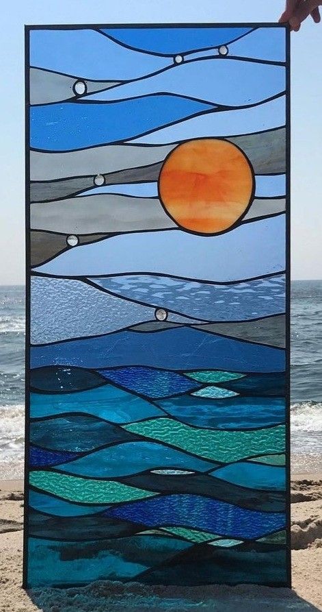 Waterfall Stained Glass Patterns, Ocean Themed Stained Glass Window, Underwater Stained Glass Pattern, Stained Glass Ocean Waves, Stained Glass Window Panel Patterns, Beach Stained Glass Ideas, Stained Glass Beach Scenes, Abstract Stained Glass Designs, Stained Glass Wave