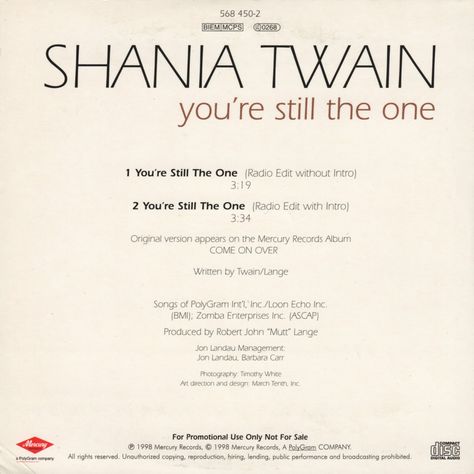 Shania Twain - You're Still The One - UK Back Cover - PROMO Card Sleeve - 568 450-2 You're Still The One, Still The One, Shania Twain, Card Sleeve, Back Cover, Album Covers, Be Still, The One, Songs