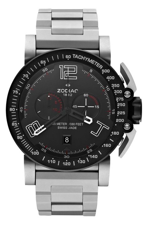 2013 Zodiac 8552ZO Silver Black Swiss Racer 47mm Zodiac Watches, Timepiece Design, Dream Watches, Modern Watches, Aftershave, Tick Tock, Fine Watches, Beautiful Watches, Black Accents