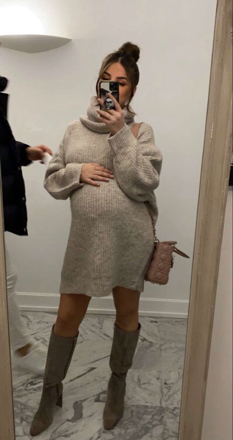 Pregnant Boots Outfit, Sweater Dress Outfit Pregnant, Pregnant Women Winter Outfits, Holiday Party Outfit Pregnant, Christmas Party Outfits Pregnant, Sweater Dress Pregnant Outfit, Pregnant Chic Outfit, Winter Outfits Pregnant Women, Pregnancy Dinner Outfits