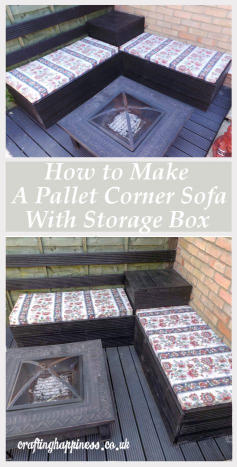 DIY Tutorial: How to Make an Outdoor Garden Pallet Corner Sofa with Storage Box | Crafting Happiness Pallet Corner Sofa, Summerhouse Ideas, Corner Sofa With Storage, Storage Box Diy, Corner Seating, Garden Pallet, Sofa With Storage, Corner Couch, Corner Sofa Design