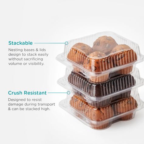 The bigger, the better… at least when it comes to baked goods! This 99% plant-based 4-pack fits hunky cakes and contains no BPAs, phthalates or other nasty stuff. Who needs a 6-pack anyway, right? Fits cakes and rolls with up to 2.5" base. Mega cupcakes also work if there's just a smidge of icing Plastic Food Packaging, Salad Packaging, Bakery Muffins, Bake Sale Packaging, Cupcake Packaging, Dessert Containers, Food Box Packaging, Bakery Business Cards, Baking Packaging