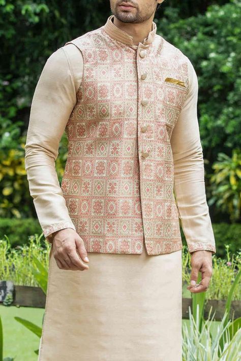 2 Traditional Gold Nehru Jacket For Groom, Peach Kurta With Jacket For Men, Pestal Colour Men Kurta, Baby Pink Kurta For Men, Peach Kurta For Men, Menswear Indian, Sherwani Design, Engagement Dress For Men, Peach Outfit