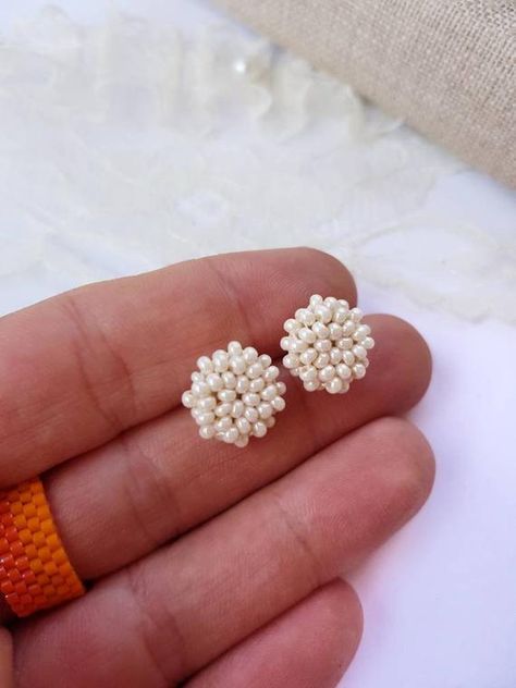 Seed Pearl Earrings, Small Beads Earrings, Bead Stud Earrings, Seed Bead Stud Earrings, Small Handmade Earrings, White Beaded Earrings, Small Beads, Pearl Beaded Earrings, Beaded Stud Earrings