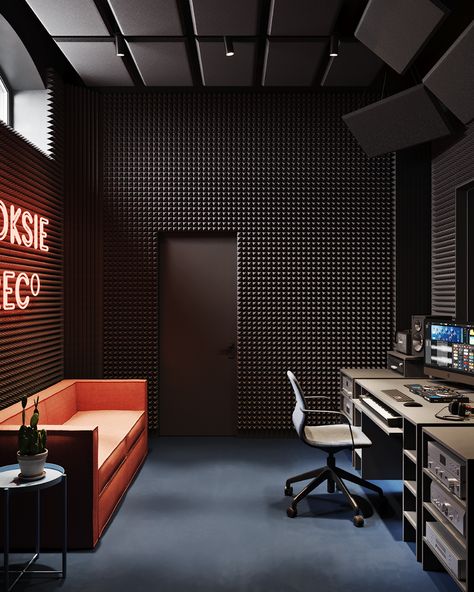 RRS OFF on Behance Home Youtube Studio Ideas, Podcast Room Design, Music Studio Interior, Studio Room Design, Music Studio Design, Multifunctional Room, Music Recording Studio, Color Office, Photography Office