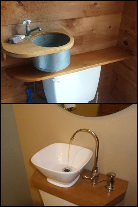 Save money by reducing water consumption with this DIY toilet tank sink! Toilet Sink Combo, Small Toilet Room, Diy Toilet, Toilet Sink, Small Toilet, New Toilet, Toilet Room, Tiny House Bathroom, Tiny Bathrooms