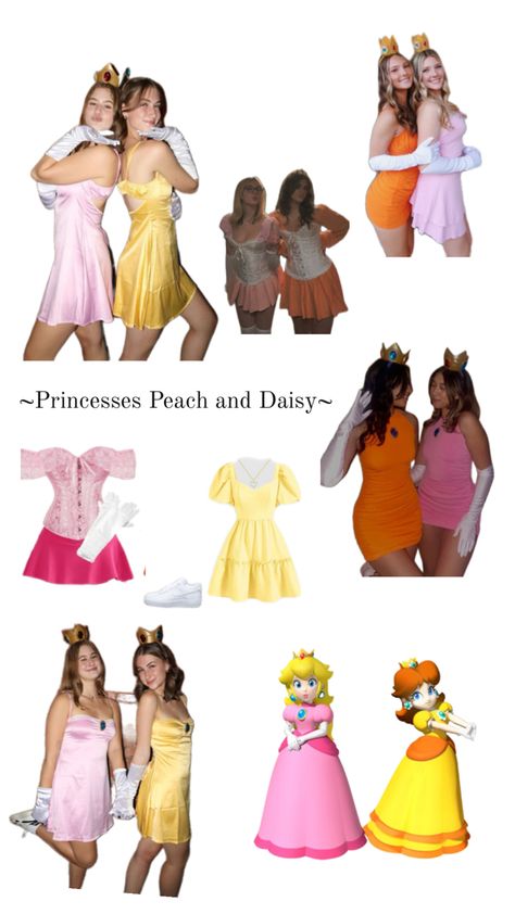 Casual Princess Peach Cosplay, Daisy And Minnie Costumes, Princess Daisy Halloween Costume, Princess Daisy And Princess Peach, Princess Peach And Daisy Costume, Princess Peach And Daisy, Princesses Peach, Princess Peach Halloween Costume, Princess Daisy Costume