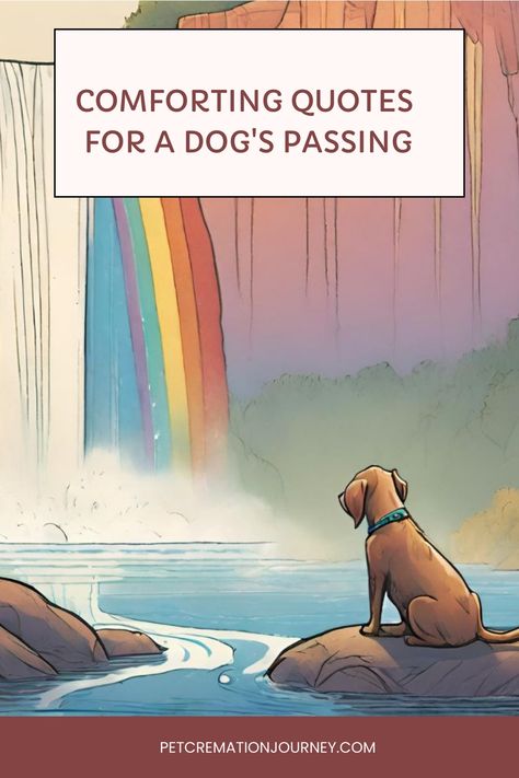 Illustration of a dog sitting next to a waterfall and a rainbow, conveying serenity for a tribute about comforting quotes for a dog's passing. Goodbye To Dog Quotes, Losing A Pet Quote Dogs Memories, Losing A Dog Quote, What To Say When Someone Loses A Pet, Loss Of Dog Sympathy, Losing Your Dog Quotes, Dog Condolences Loss Of Pet, Dog Passing Quotes, I Miss My Dog Pet Loss