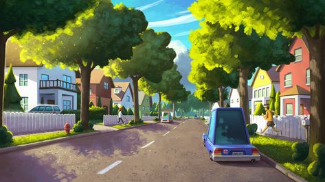 Neighborhood Street, Return To Sender, Sci Fi Landscape, Environment Painting, Pixel Animation, First Day Of Work, City Background, Book Illustration Art, Bear Cub