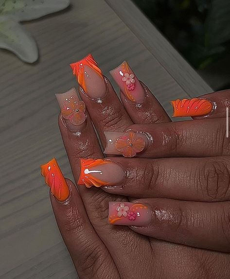 Orange Shorties Acrylic Nails, Shorties Nails Orange, Orange Nail Ideas Acrylic, Orange And Glitter Nails, Short Orange Acrylic Nails, Florida Nails Designs, Orange Short Nails, Short Orange Nails, Unique Nail Designs Summer