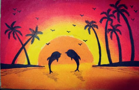 Sun Set Drawing, Scenery Drawing With Oil Pastels, Sunset Scenery Drawing, Oil Pastels For Beginners, Sun Drawing, Sunset Scenery, Oil Pastel Drawings, Drawing For Beginners, Sun Set