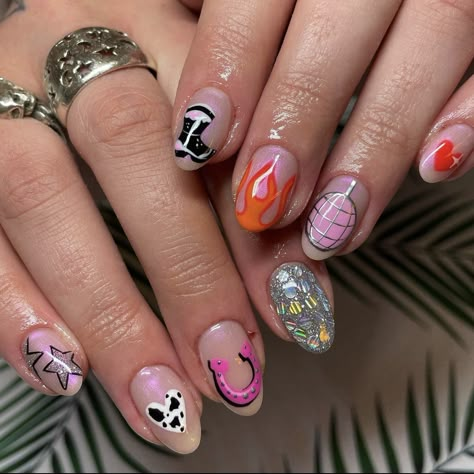 Nails Acrylic Nashville, Nail Ideas Cowgirl, Desert Disco Nails, Austin Texas Nails, Most Wanted Tour Nails, Kacey Musgraves Nails, Cowboy Boot Nail Art, Fair Nail Art, Cowboy Themed Nails