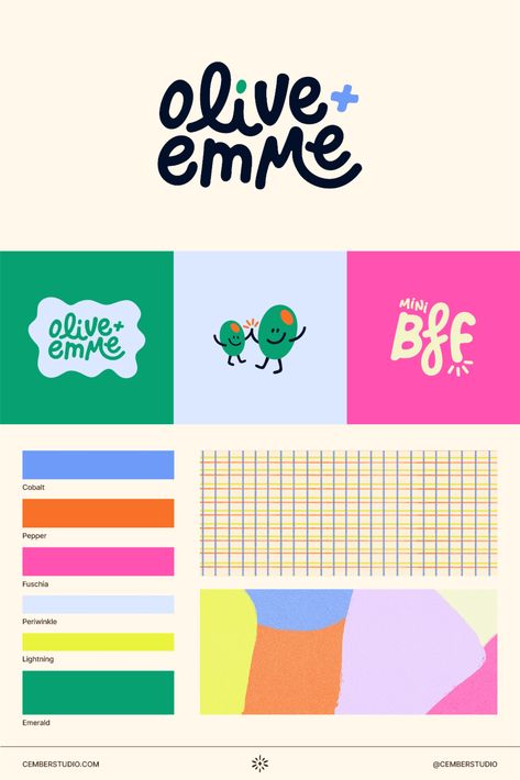 Playful, spunky custom brand design for solopreneur online brand, Olive + Emme. Created with handwritten logo marks, vibrant textures and layouts, a bright color scheme, and signature olive people inspired by thumbprint art. Playful Brand Design Inspiration, Spunky and Fun Branding Ideas, Creative Online Brand Identity, Vibrant and Quirky Brand Design, Hand Drawn Logo Inspiration, Thumbprint Art Branding Elements, Bright and Playful Color Scheme, Quirky Branding Layout Inspiration, Playful Logo and Layout Designs, Hand-Drawn and Playful Logo Ideas, Creative Entrepreneur Brand Ideas, Fun and Colorful Online Business Branding, Custom Brand Design for Creatives Artist Logo Ideas Brand Identity, Colorful Brand Identity Design, Quirky Brand Identity, Canva Design Inspiration, Playful Color Palette Branding, Graphic Color Palette, Quirky Color Palette, Maximalist Branding, Brand Identity Design Inspiration