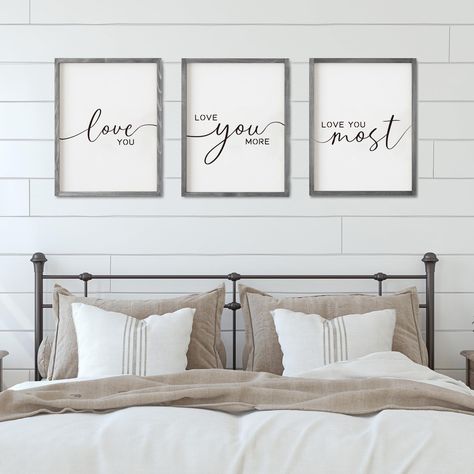 PRICES MAY VARY. SET OF 3 BEDROOM SIGNS: One set includes 3 popular bedroom sayings plaque, each one says: "Love You" "Love You More" “Love You Most”. The frame of the bathroom sign is made of wood that is sturdy and durable. It’s 11*14 inches in size, and 3 pieces of them, which is great for bigger bed and space. EASY TO INSTALL: The wood bedroom wall decor is a lightweight piece making it easy as pie to hang! Not too many holes in the wall required to keep it up. 4 Screws are included in the p Wood Walls Bedroom, Above Bed Wall Decor, Above Bed Wall, Bedroom Wall Decor Above Bed, Wall Decor Above Bed, Bedroom Decor Wall Art, Decor Above Bed, Bedroom Decor Wall, Bed Wall Decor