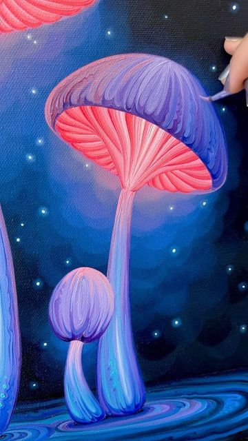 Silver Francis Art, Fairy Painting Aesthetic, Mushroom Acrylic Painting, Fantasy Acrylic Painting, Mystical Paintings, Glow Painting, Fluorescent Painting, Mushroom Painting, Magical Paintings