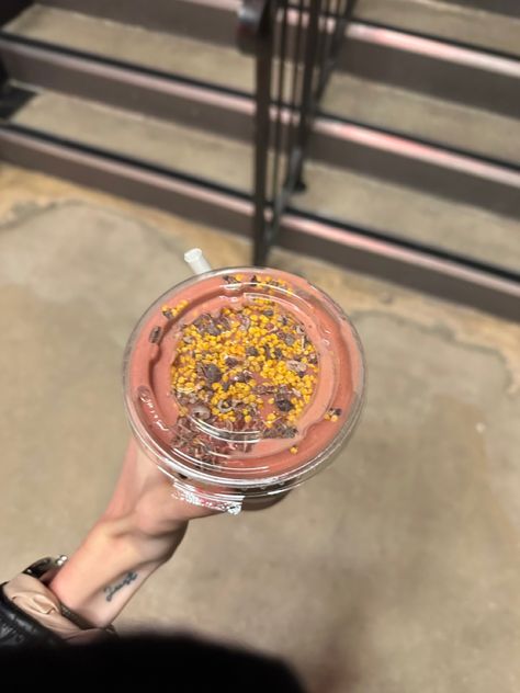 Tattoo on wrist. Smoothie with bee pollen and cacao nibs Bee Pollen Smoothie, Smoothie Aesthetic, Tattoo On Wrist, Bee Pollen, Cacao Nibs, Tattoo On, Smoothie, Bee, Tattoos