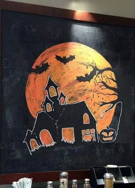 Starbucks Halloween Board, Halloween Chalk Drawings, Halloween Chalkboard Ideas, Halloween Watercolors, Halloween Chalk Art, Spooky Halloween Castle, Fall Chalkboard Art, Halloween Chalkboard Art, Chalk Markers Art