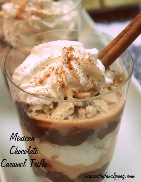 Mexican Chocolate Caramel Trifle - An all time favorite recipe with a twist!   #PinThatTwist #ad Mexican Pudding, Caramel Trifle, Desserts Potluck, Authentic Mexican Desserts, Mexican Dinner Party, Mexican Party Food, Mexican Snacks, Mexican Dessert Recipes, Mexican Chocolate