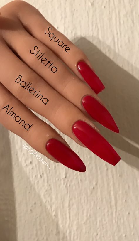 Ballerina Nails Red, Red Nails Ballerina, Red Ballerina Nails, Red Pointy Nails, Nail School, Deep Red Nails, Red Ballerinas, Red Nail Art, Pointy Nails