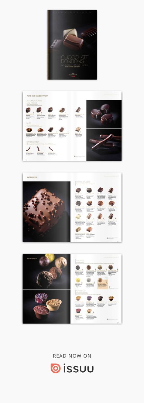 Homemade Chocolate Bonbons, Chocolate Poster, Food Catalog, Catalog Design Layout, Chocolate Bonbons, Catalogue Layout, Valrhona Chocolate, Gooey Caramel, Honey Packaging