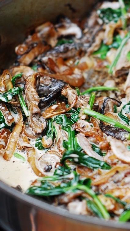 Sautéed Spinach, mushrooms, and caramelized onions – a delicious side dish recipe that will go great with lots of main dishes.