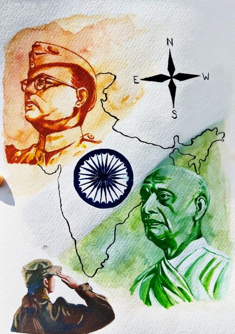 Sardar Vallabhbhai Patel, Netaji Subhash Chandra Bose, India map, Ashok chakra 76th Independence Day Drawing, Freedom Struggle Painting, Indian Patriotism Drawings, Indian Freedom Struggle Drawings, India Patriotism Art, 15th August Drawing Competition, 15 August Drawing Competition, Indian Patriotic Painting, 15 Agustus India Drawing