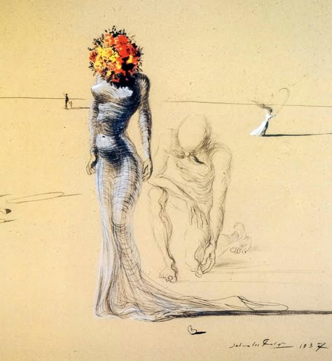 Salvador Dali, Woman with Flower Head, 1937 Salvador Dali Tattoo Ideas, Dali Tattoo Ideas, Dali Aesthetic, Flower Head Painting, Salvador Dali Drawing, Salvador Dali Tattoo, Dali Prints, Woman With Flower Head, Salvador Dali Artwork