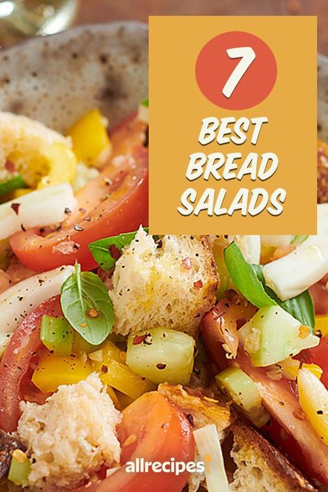 7 Bright and Beautiful Bread Salads | "Got day-old bread? Ditch your standard salad and opt for these full-flavored and filling bread salads (also known as panzanella) instead." #saladrecipes #salads #saladideas Bread Salad Recipe Simple, Bread Salad Panzanella, Salad With Bread, Bread Salad Recipe, Italian Bread Salad, Main Dish Salad Recipes, Hard Bread, Salad Kale, Beautiful Bread