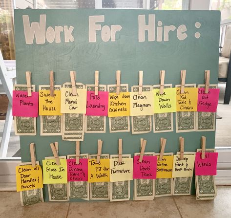 Chore Chart To Earn Money, Chores Money Board, Jobs For Hire Chore Chart, Chore Board With Money, Extra Chores For Money, Chore Money Chart Reward System, Chore Store Ideas, Pocket Money Chore Chart, Chores With Money Attached