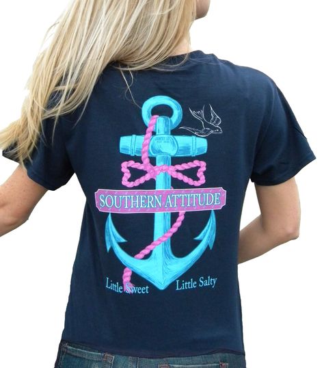 PRICES MAY VARY. 100% Cotton Made in USA Pull On closure Machine Wash 100% Cotton Screenprinted Southern Attitude Graphics on Back with Front Left Pocket Logo Machine Washable Great Gift Idea Unisex Sizing With a cute screen-printed graphic that features the brand's name, this Southern Attitude Little Sweet Little Salty Bow Tie Anchor will be a great option for your Southern Attitude t-shirt collection. Made with 100% cotton and high quality screen printing this is made to last. The back screen- Blue Preppy, Preppy Shorts, Navy Anchor, Blue Anchor, Pocket Logo, Quality T Shirts, Country Life, Branded T Shirts, Ladies Tops Fashion