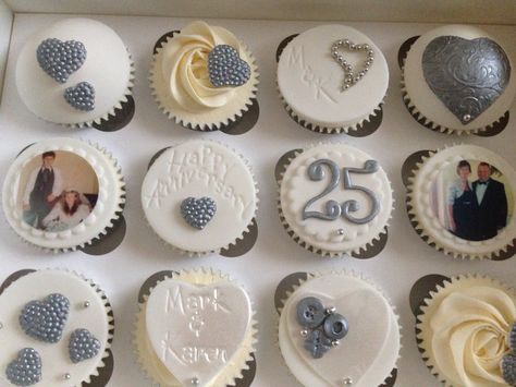 Silver wedding cupcakes Anniversary Dessert, Anniversary Cupcakes, 25th Wedding Anniversary Party, 25 Anniversary, 25th Anniversary Party, Wedding Anniversary Cakes, Cupcake Decoration, 60 Wedding Anniversary, Wedding Treats