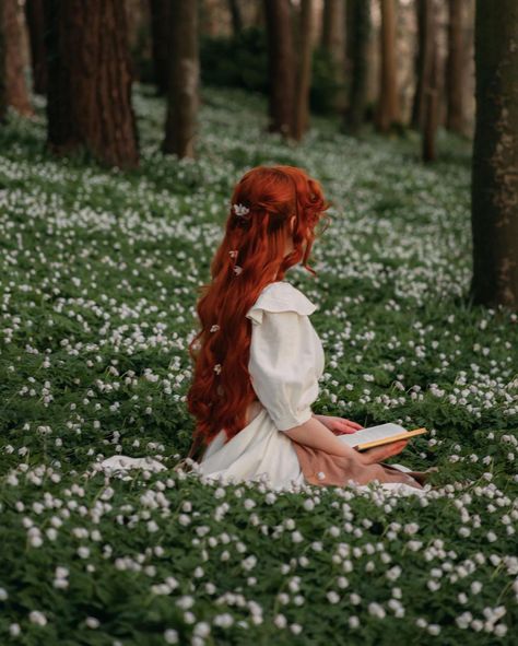 A Book, Red Hair, A Woman, Flowers, Red, Hair