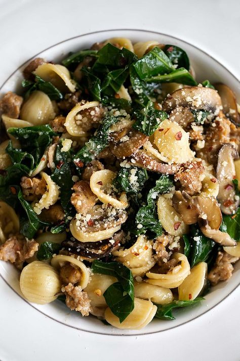 Orecchiette with Collard Greens, Sausage & Mixed Mushrooms — Cooking with Cocktail Rings Collard Greens Pasta, Collard Green Recipes, Delicious Discoveries, Mushroom Sausage, Sausage And Pasta, Sausage Parmesan, Collard Greens Recipe, Collard Green, Csa Recipes