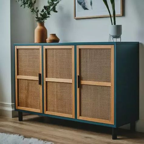 Kallax Sideboard, Kallax Doors, Ikea Sideboard Hack, Painted Sideboard Ideas, Sideboard Diy, Ikea Sideboard, Cane Doors, Rattan Drawers, Diy Dressers