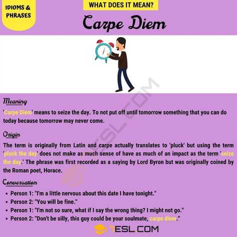 Carpe Diem Carpe Diem Meaning, Everyday Speech, Other Ways To Say, Idioms And Phrases, English Writing Skills, English Writing, Live In The Now, Writing Skills, Carp