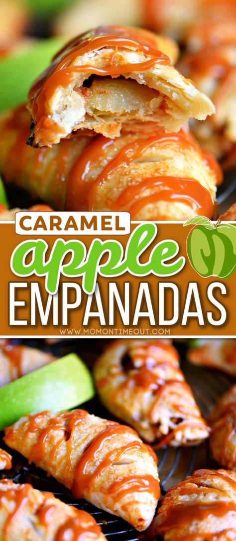 Caramel Apple Empanadas are the perfect way to get in a quick caramel apple fix without all the fuss!  Perfect for an after-school snack or a quick dessert - these empanadas take less than 20 minutes to pull together and bake! A new favorite for sure! // Mom On Timeout Caramel Apple Empanadas, Apple Empanadas, Baking Fall, Weight Watcher Desserts, Caramel Apples Easy, Mom On Timeout, Thanksgiving Desserts Easy, Quick Dessert, Caramel Desserts