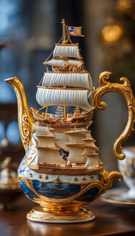 Eccentric teapot in the shape of a galleon ship - AI creation Galleon Ship, Tea Pots Art, Happy Tea, Teapots Unique, Pretty Plates, Blue And White China, Teapots And Cups, Shabby Chic Kitchen, Tea Pots Vintage