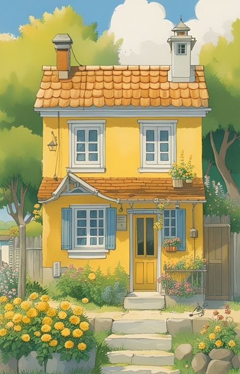 Ghibli Inspired House, Aesthetic Japan Wallpaper, Ghibli Houses, Ghibli House, House Digital Art, Japan Wallpaper, House Cartoon, 동화 삽화, Cartoon House